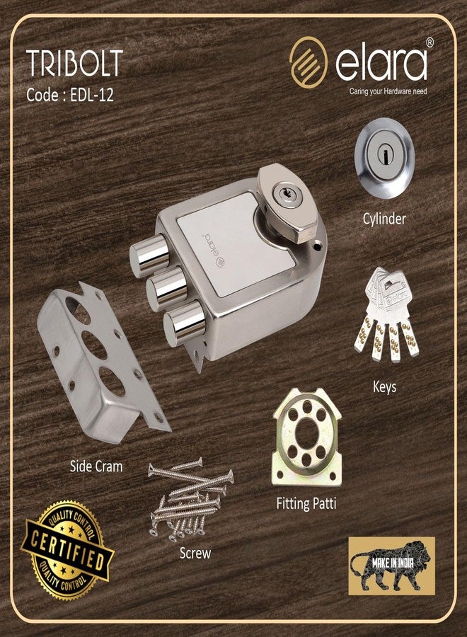 إلارا قفل باب Elara Deadbolt Tribolt 2CK، قفل حافة، مزلاج للمنزل، أقفال أبواب للباب الرئيسي مع 4 مفاتيح نحاسية قابلة للعكس (تشطيب SS، EDL-12، Tribolt، مفتاح Ultra) - Image 4